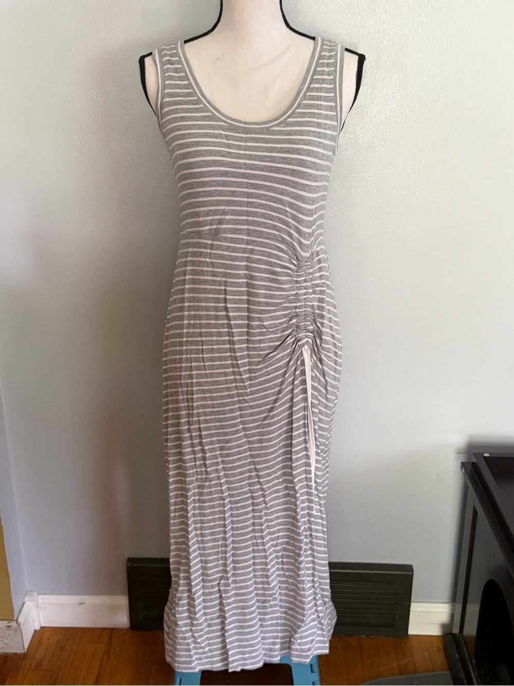 CAbi Gray and White Striped Sleeveless Maxi Dress